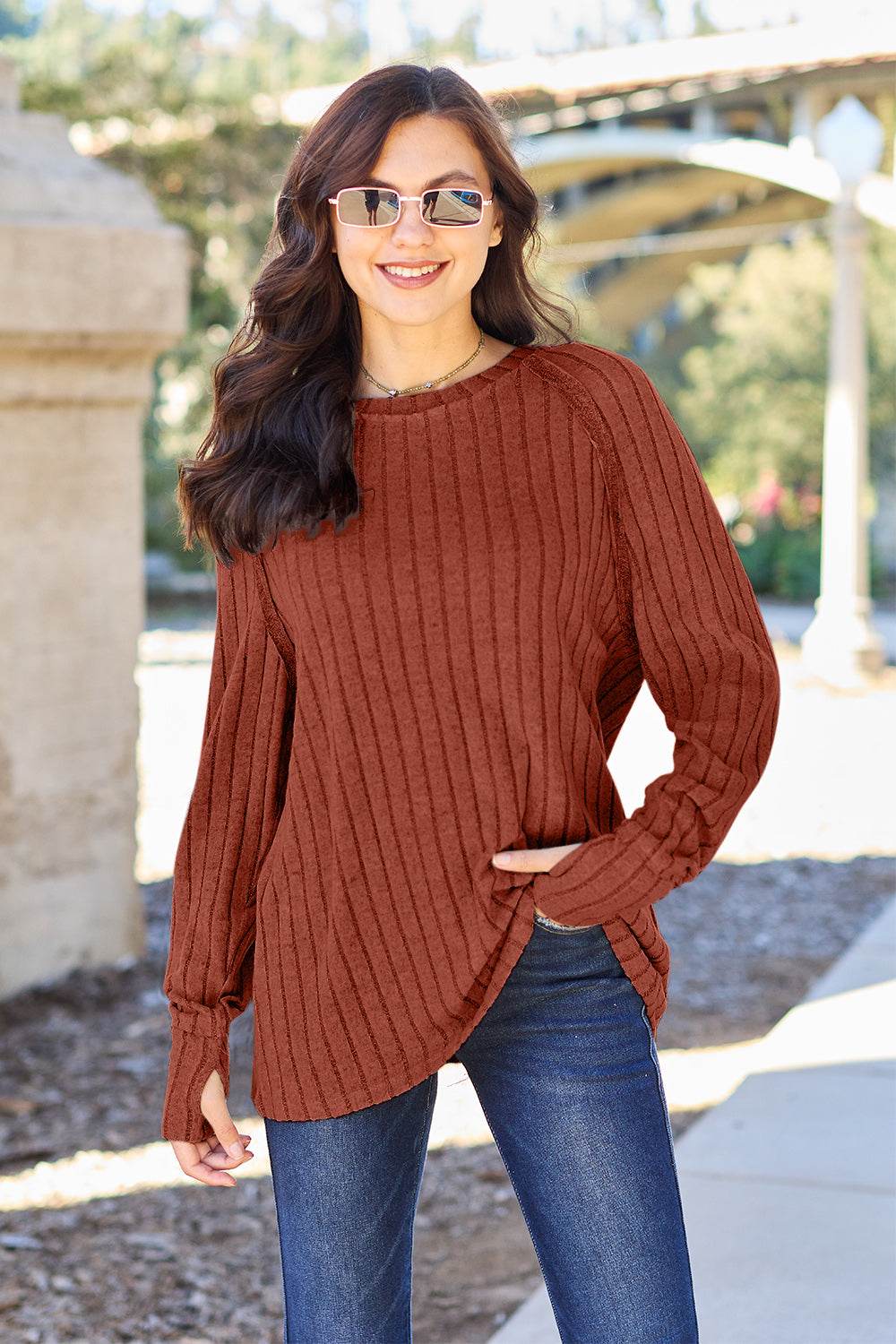 Basic Bae Full Size Ribbed Round Neck Long Sleeve Knit Top - Delanoir