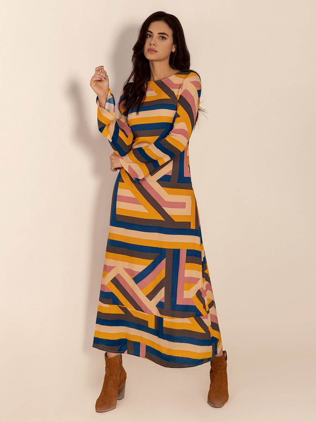 Contrast Round Neck Flare Sleeve Midi Dress - Delanoir