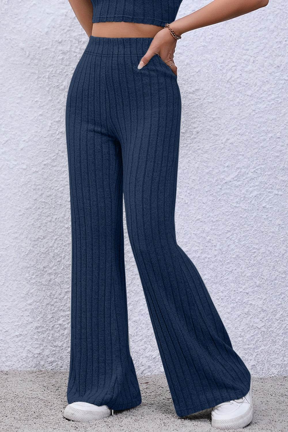 Basic Bae Full Size Ribbed High Waist Flare Pants - Delanoir