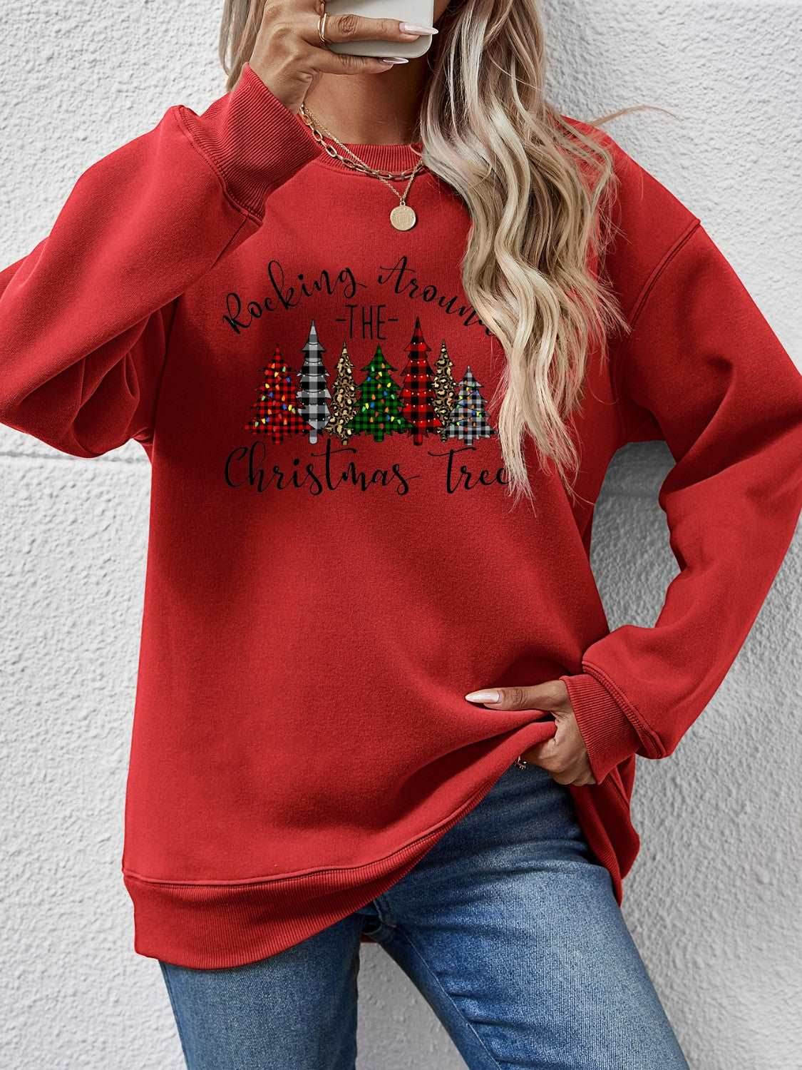 Christmas Tree Graphic Round Neck Sweatshirt - Delanoir