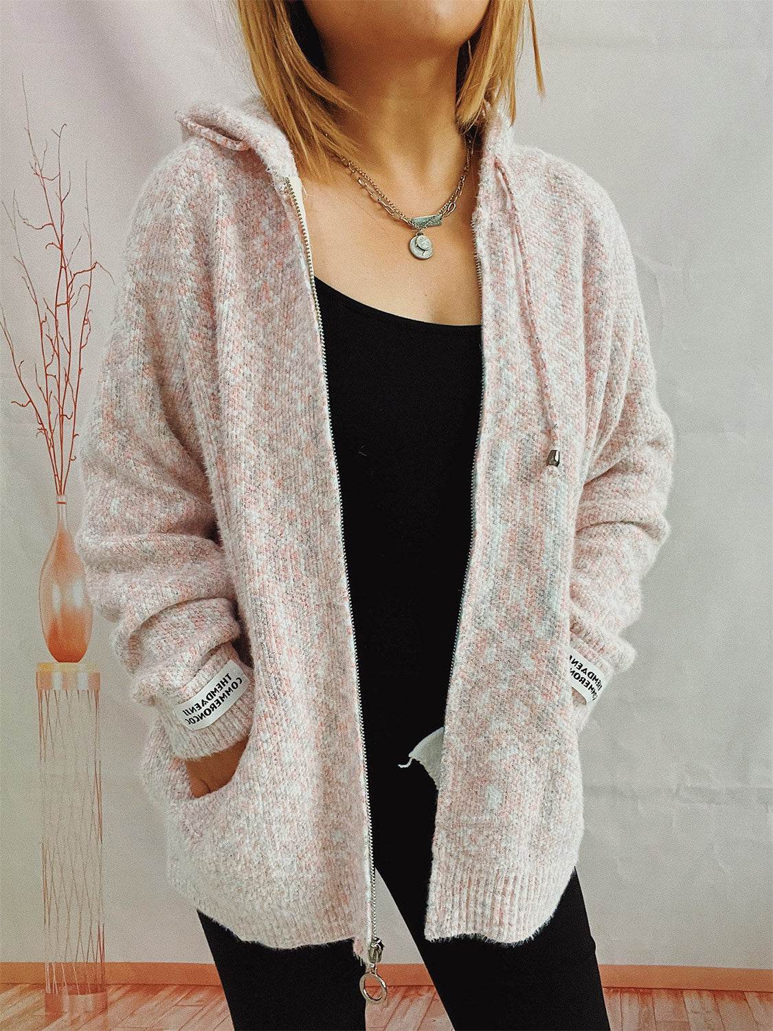 Zip Up Drawstring Long Sleeve Hooded Sweater - Delanoir