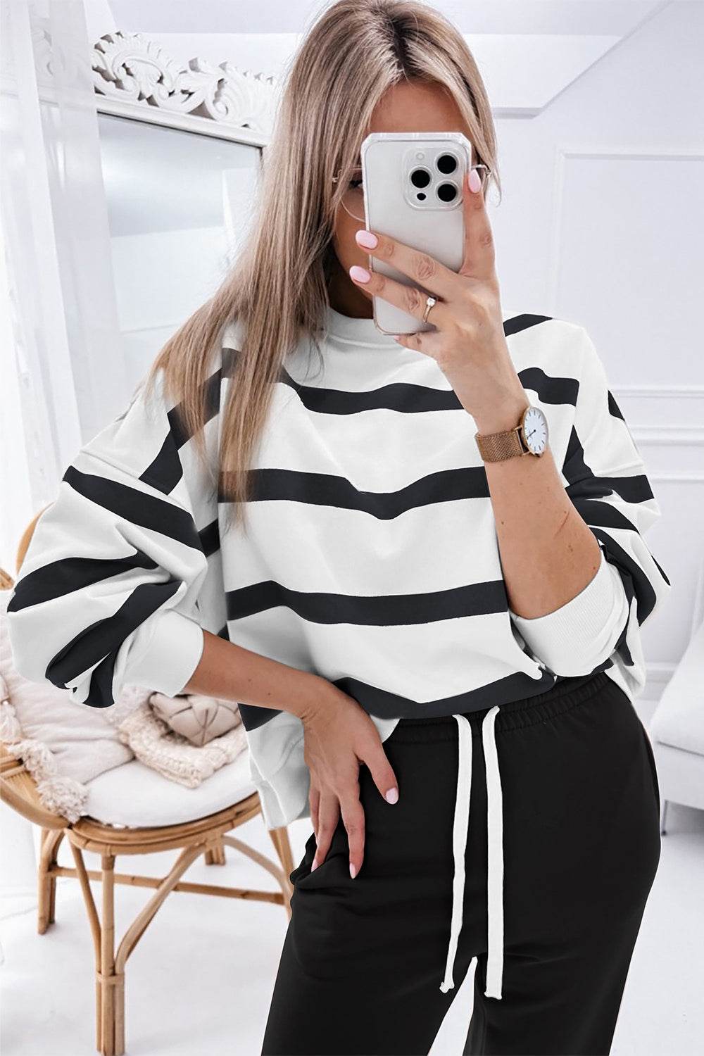 Striped Round Neck Long Sleeve Top and Pants Set - Delanoir