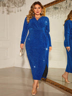 Honey Plus Size Surplice Neck Slit Dress - Delanoir
