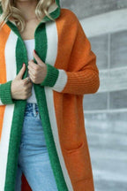 Pocketed Contrast Long Sleeve Hooded Cardigan - Delanoir