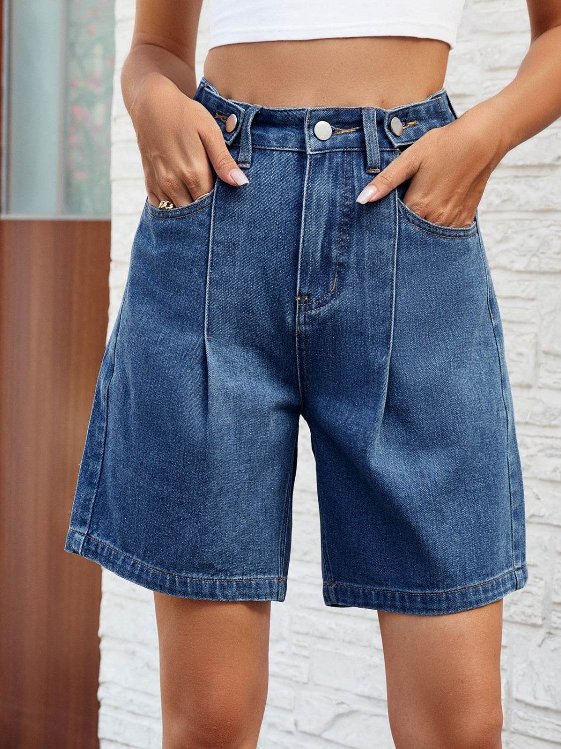 High Waist Denim Shorts with Pockets - Delanoir