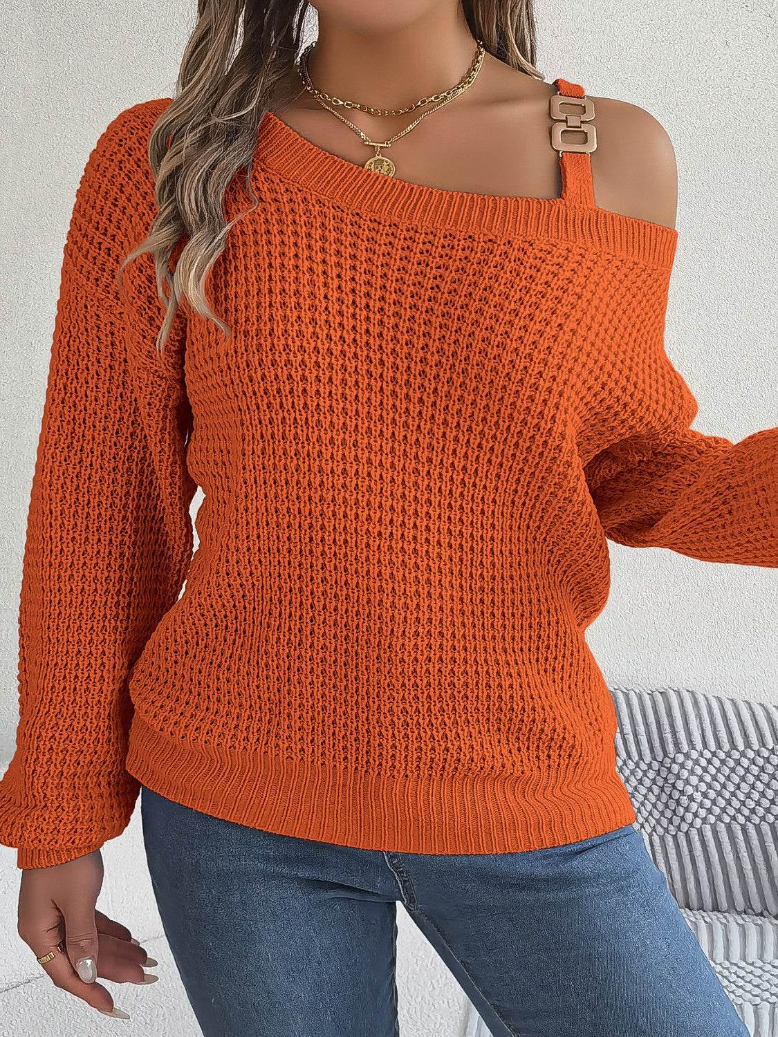 Asymmetrical Neck Long Sleeve Sweater - Delanoir
