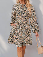Perfee Printed Tie Neck Long Sleeve Mini Dress - Delanoir