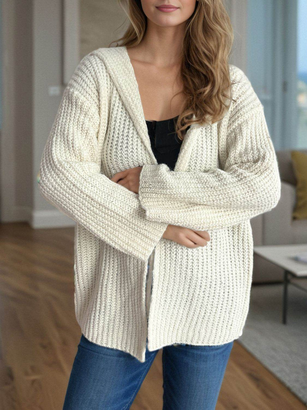 Sequin Detail Long Sleeve Hooded Cardigan - Delanoir