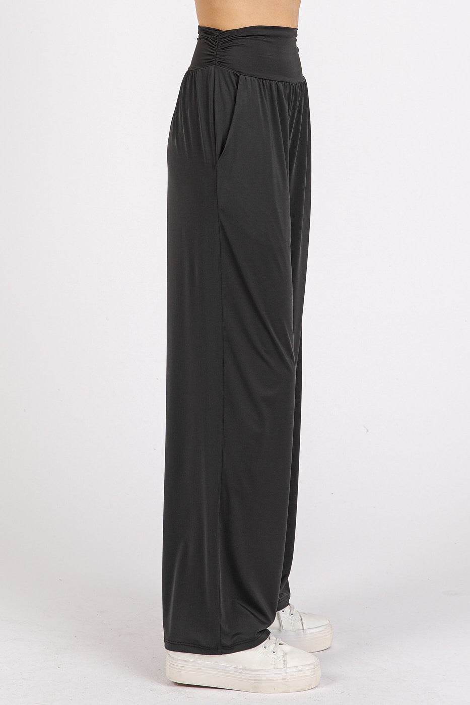 Mittoshop Stretch Banded Waist Wide Leg Pants with Pockets - Delanoir