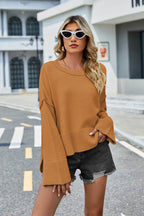 High-Low Slit Round Neck Long Sleeve Sweater - Delanoir