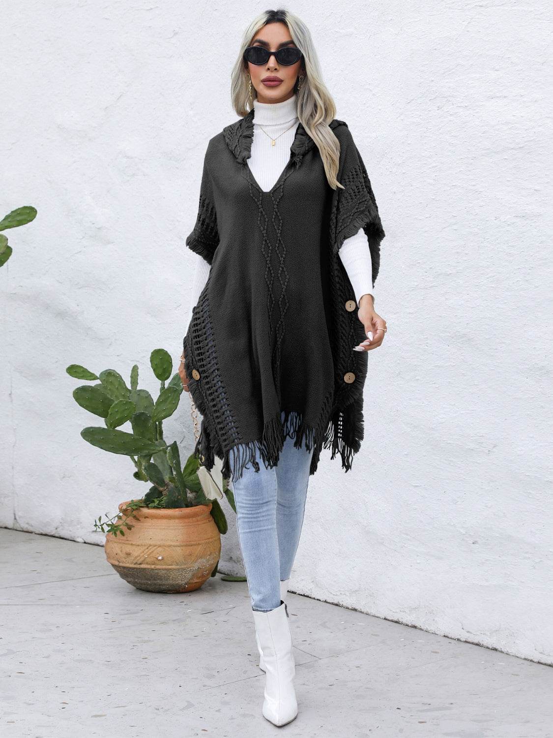 Fringe Trim Buttoned Hooded Poncho - Delanoir