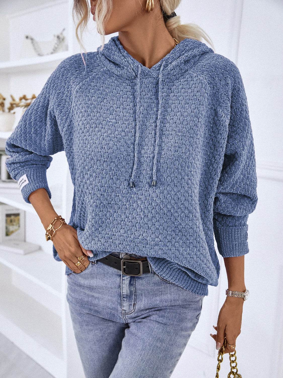 Texture Drawstring Long Sleeve Hooded Sweater - Delanoir