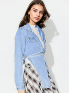Asymmetric Slit Collared Neck Long Denim Top - Delanoir