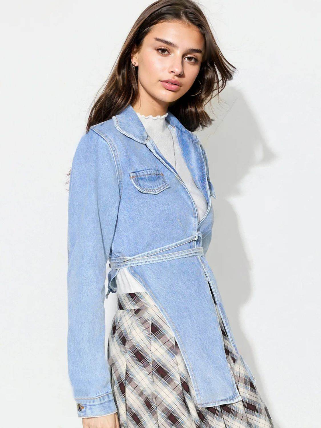 Asymmetric Slit Collared Neck Long Denim Top - Delanoir