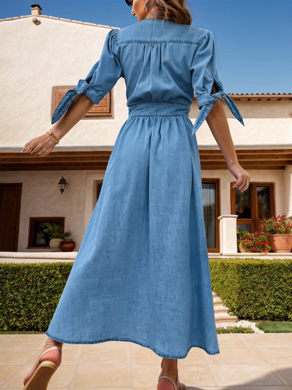 Plunge Button Up Half Sleeve Denim Dress - Delanoir