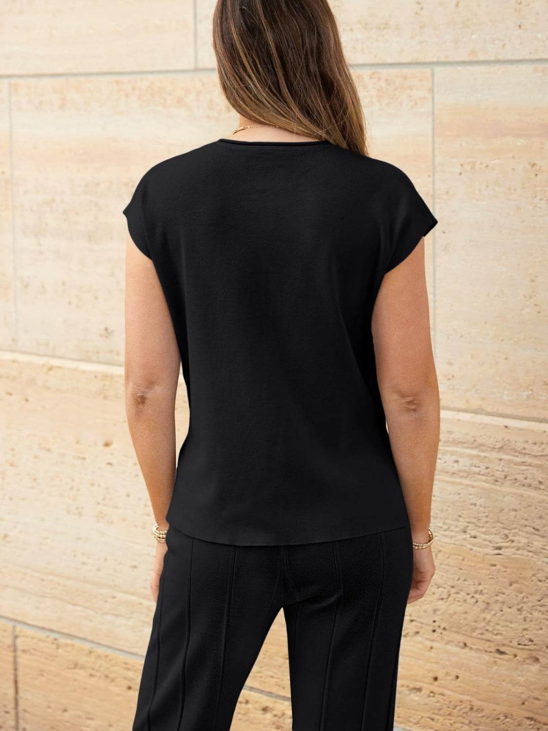 Round Neck Cap Sleeve Top and Pants Knit Set - Delanoir
