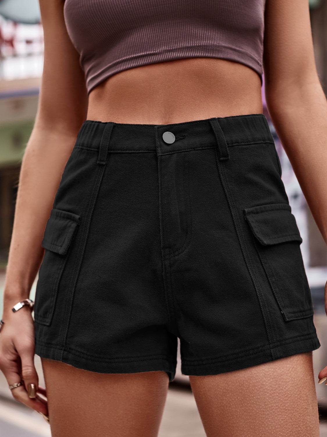 High Waist Denim Shorts with Pockets - Delanoir