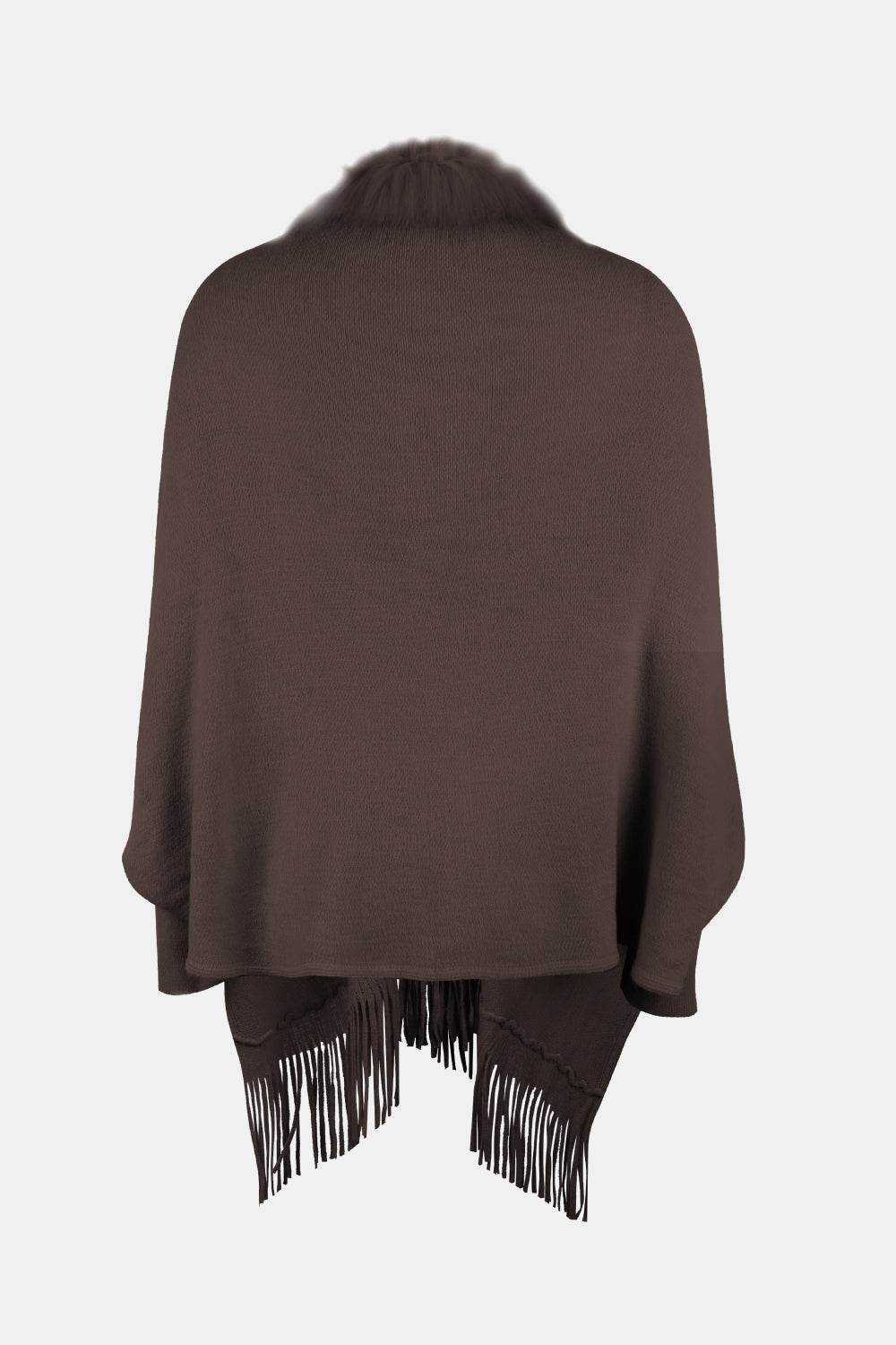 Fringe Open Front Long Sleeve Poncho - Delanoir