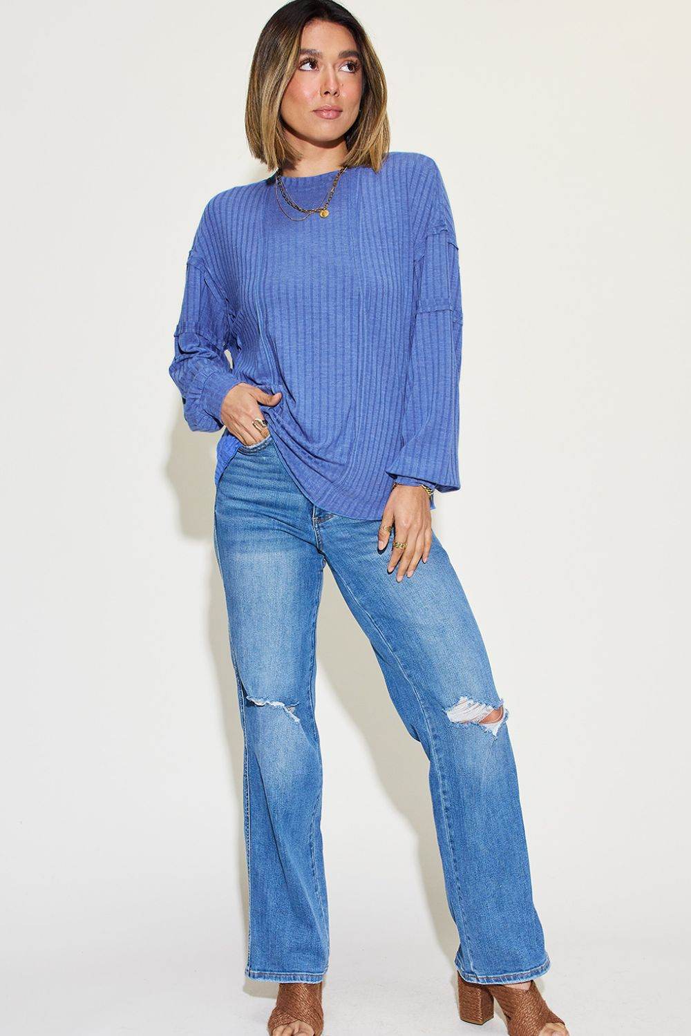 Basic Bae Full Size Ribbed Round Neck Long Sleeve T-Shirt - Delanoir