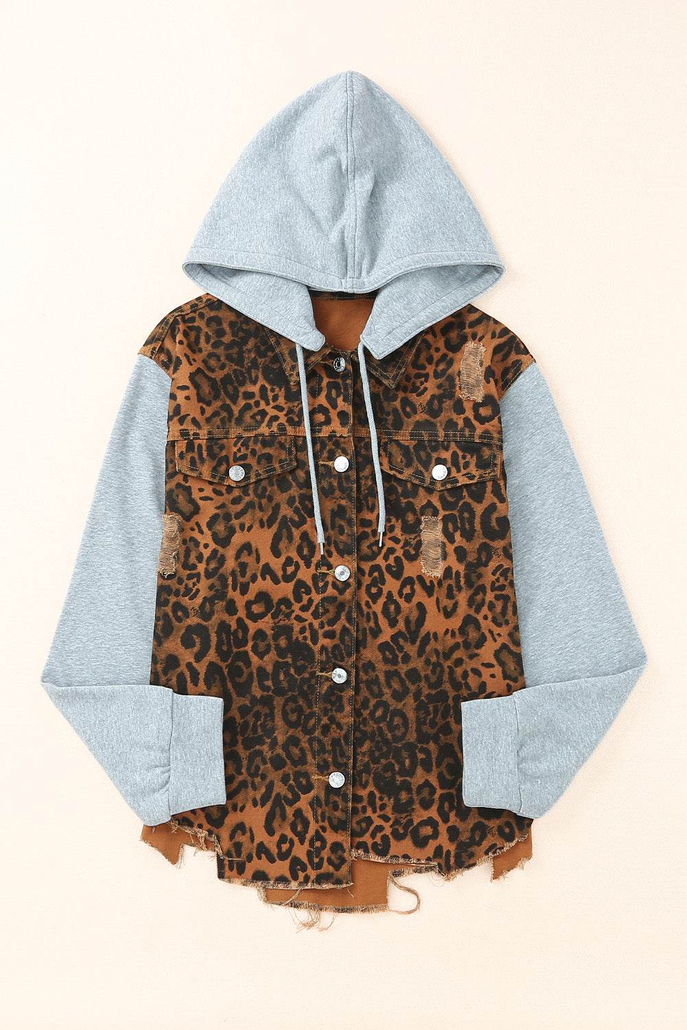 Leopard Distressed Drawstring Hooded Denim Jacket - Delanoir