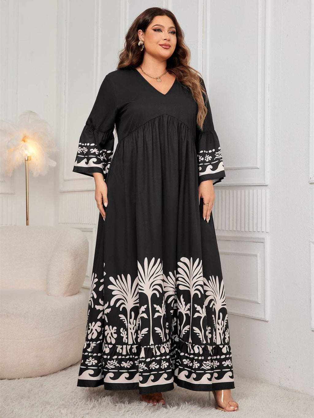 Honey Plus Size Printed V-Neck Long Sleeve Maxi Dress - Delanoir