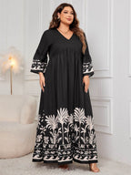 Honey Plus Size Printed V-Neck Long Sleeve Maxi Dress - Delanoir