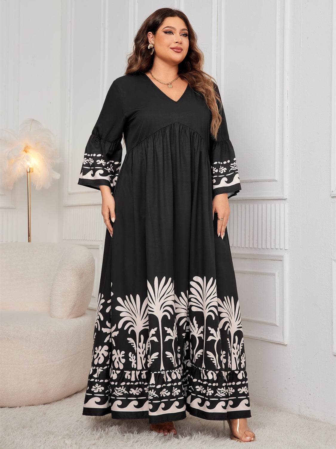 Honey Plus Size Printed V-Neck Long Sleeve Maxi Dress - Delanoir
