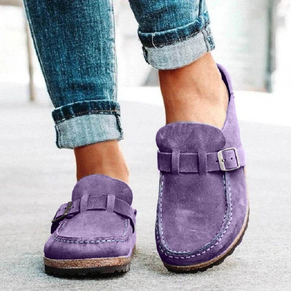 Round Toe Low Heel Buckle Loafers - Delanoir
