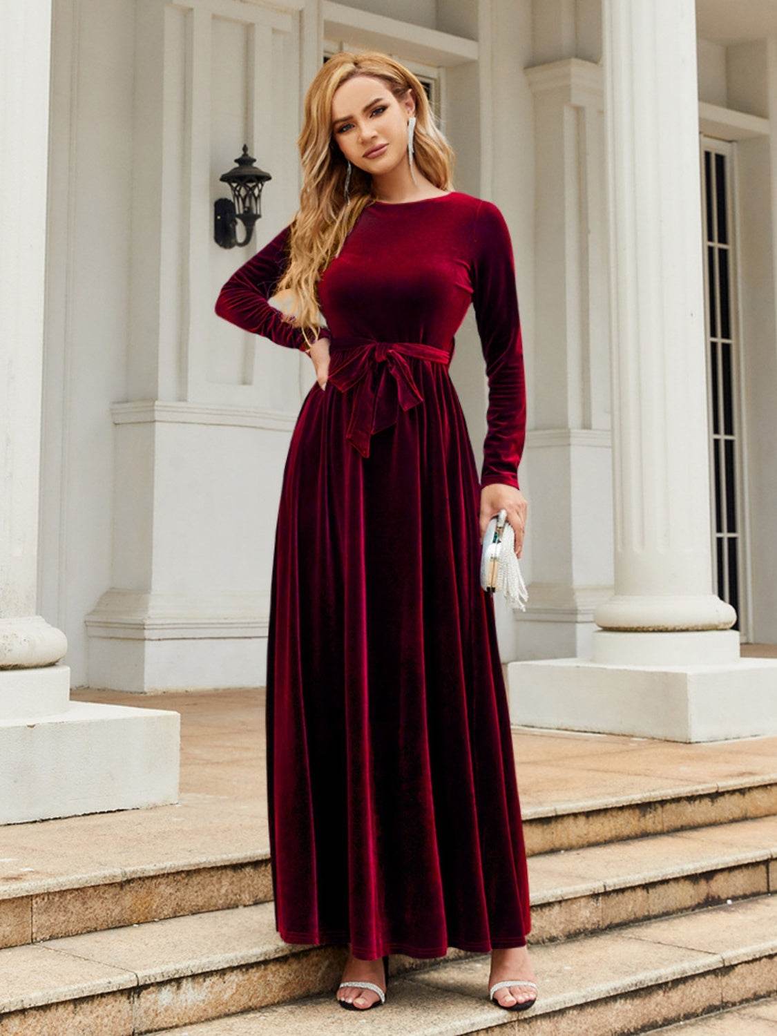 Tie Front Round Neck Long Sleeve Maxi Dress - Delanoir