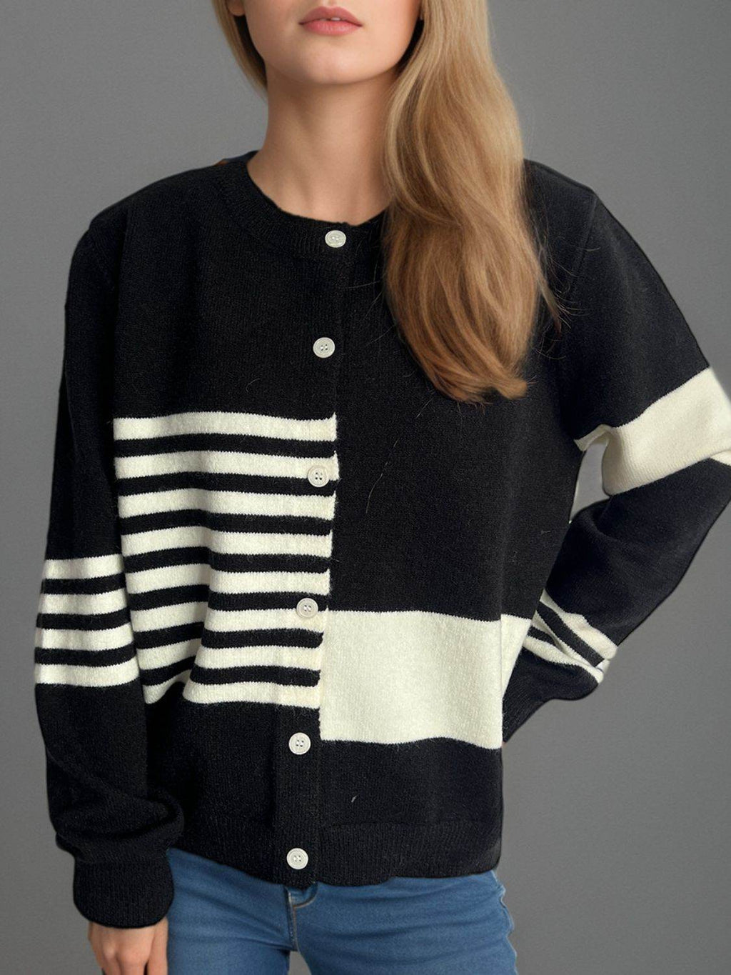 Striped Color Block Round Neck Cardigan - Delanoir