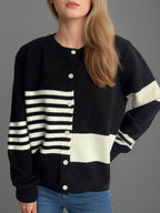 Striped Color Block Round Neck Cardigan - Delanoir