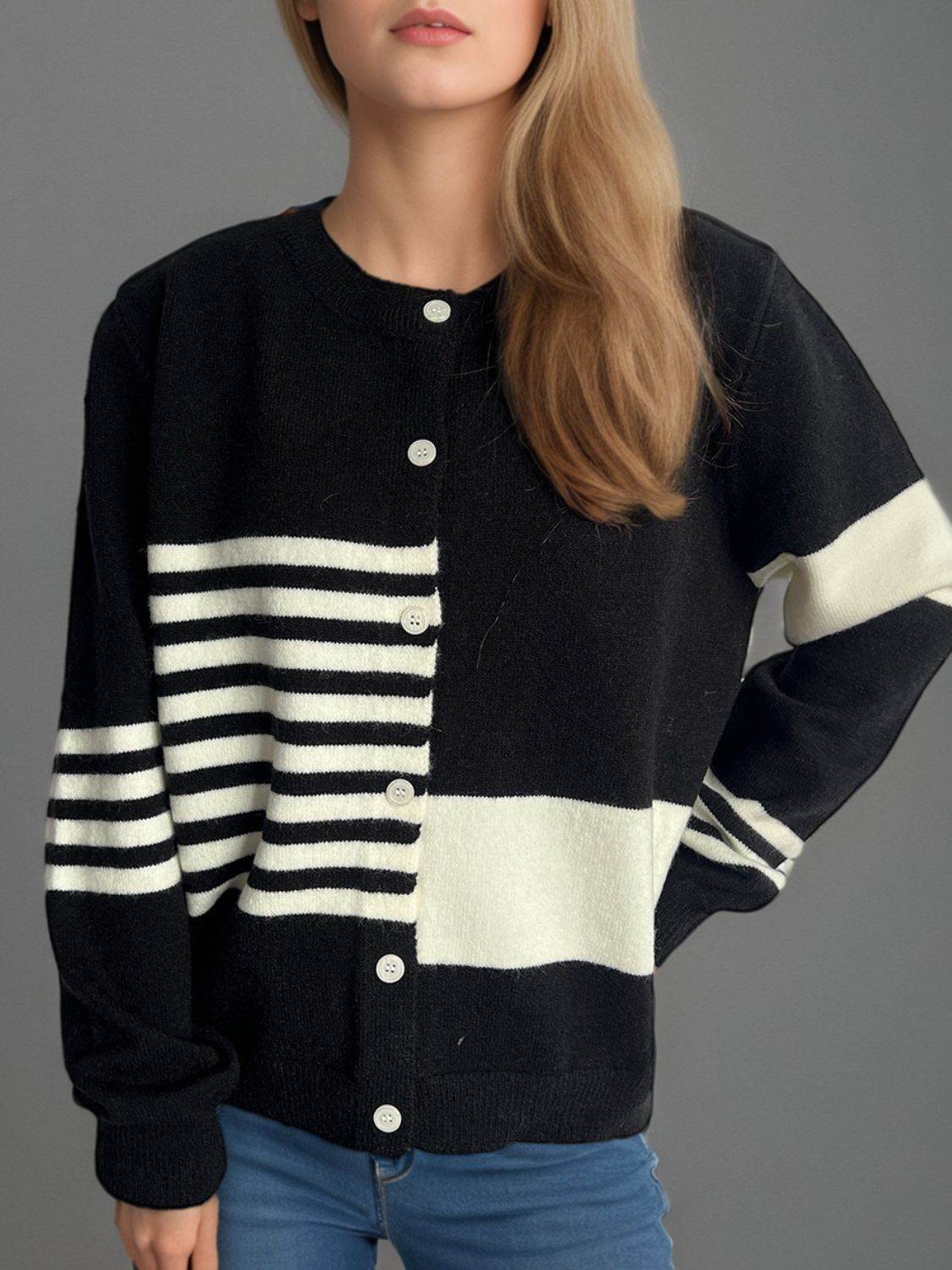 Striped Color Block Round Neck Cardigan - Delanoir