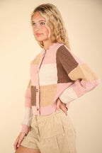 VERY J Color Block Button Down Textured Sweater Cardigan - Delanoir