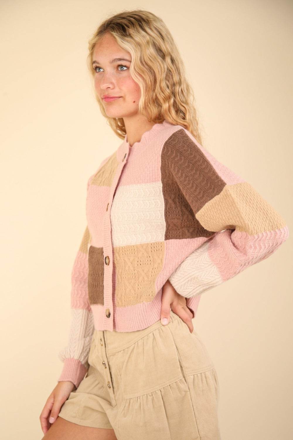 VERY J Color Block Button Down Textured Sweater Cardigan - Delanoir