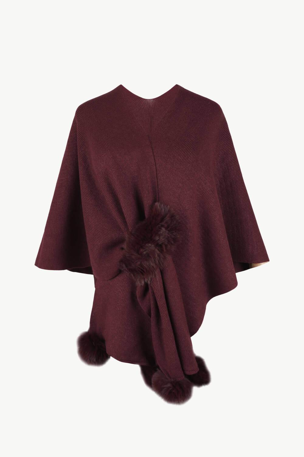 Surplice Neck Pom-Pom Trim Poncho - Delanoir