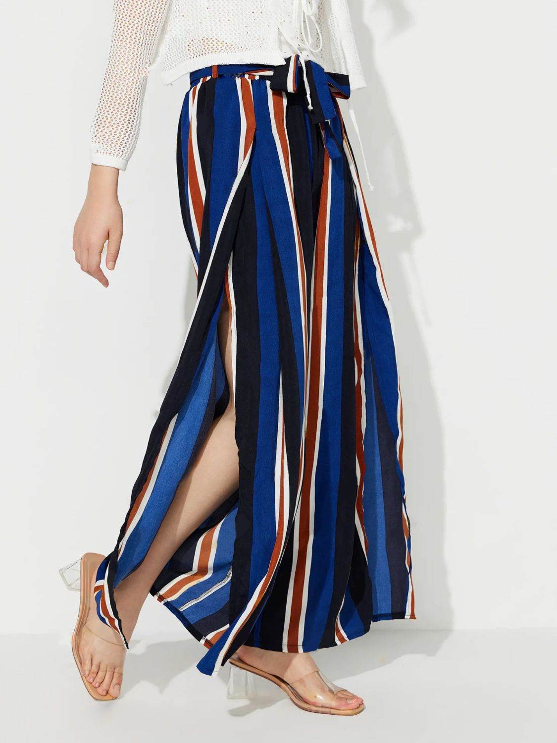 Side Slit Contrast Wide Leg Pants - Delanoir