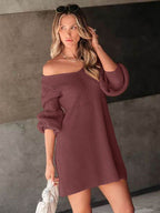 Perfee V-Neck Long Sleeve Sweater Dress - Delanoir