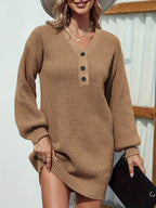 V-Neck Dropped Shoulder Mini Sweater Dress - Delanoir