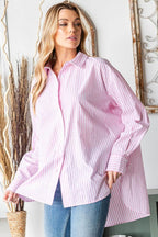 First Love Full Size Striped Button Down High-Low Hem Shirt - Delanoir