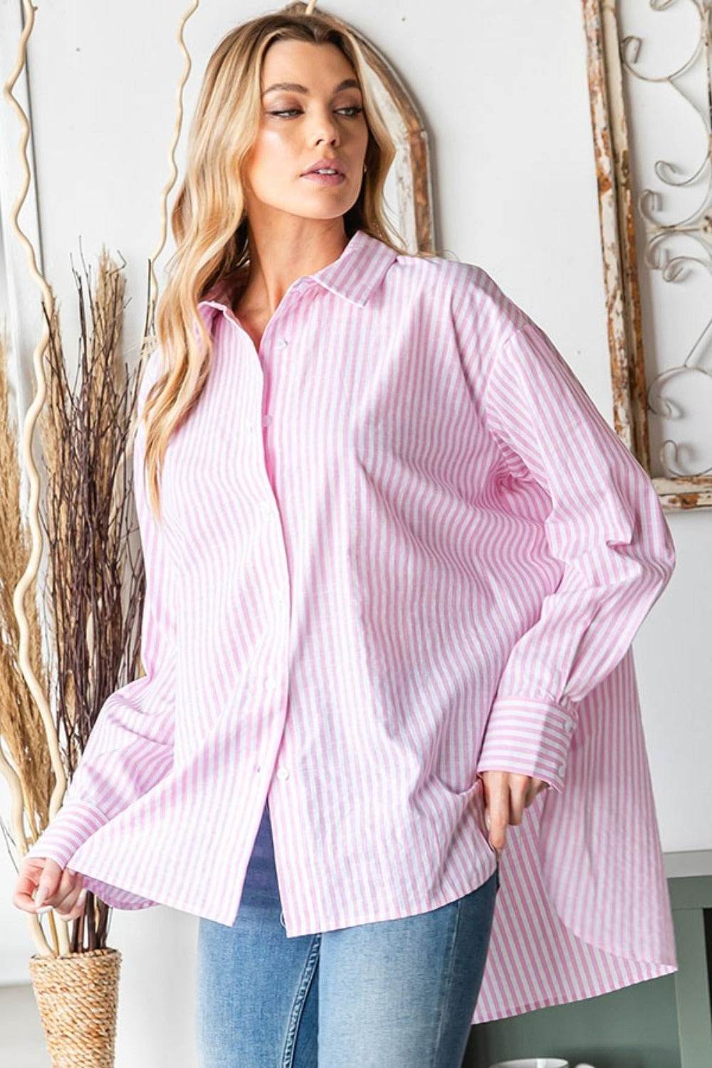 First Love Full Size Striped Button Down High-Low Hem Shirt - Delanoir