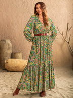 Printed Tie Neck Long Sleeve Dress - Delanoir