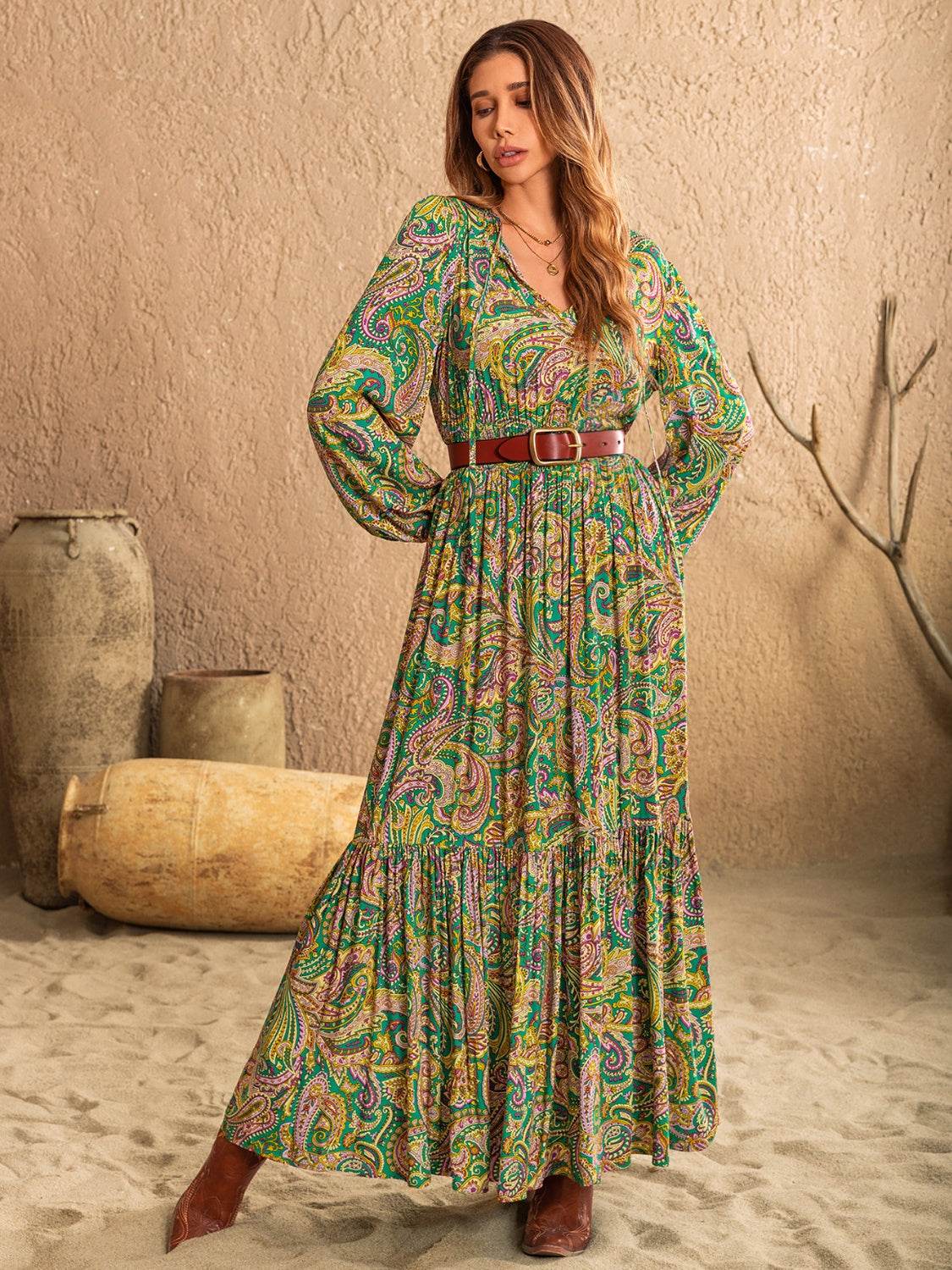 Printed Tie Neck Long Sleeve Dress - Delanoir