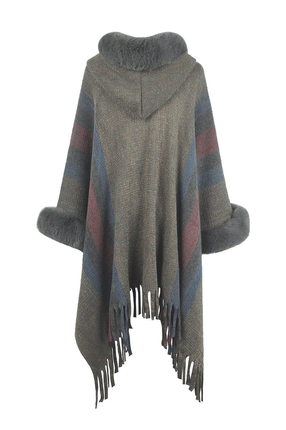 Color Block Fringe Detail Poncho - Delanoir