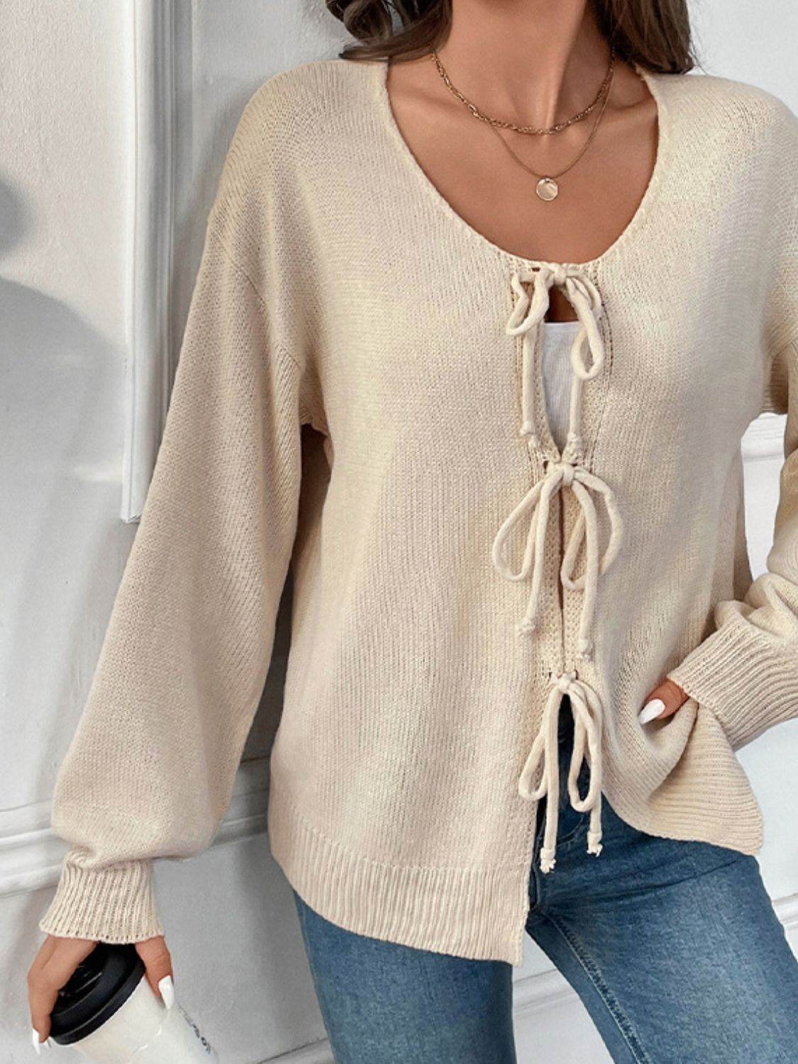 Perfee Tied Round Neck Long Sleeve Cardigan - Delanoir