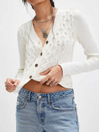 V-Neck Button Up Cropped Cardigan - Delanoir