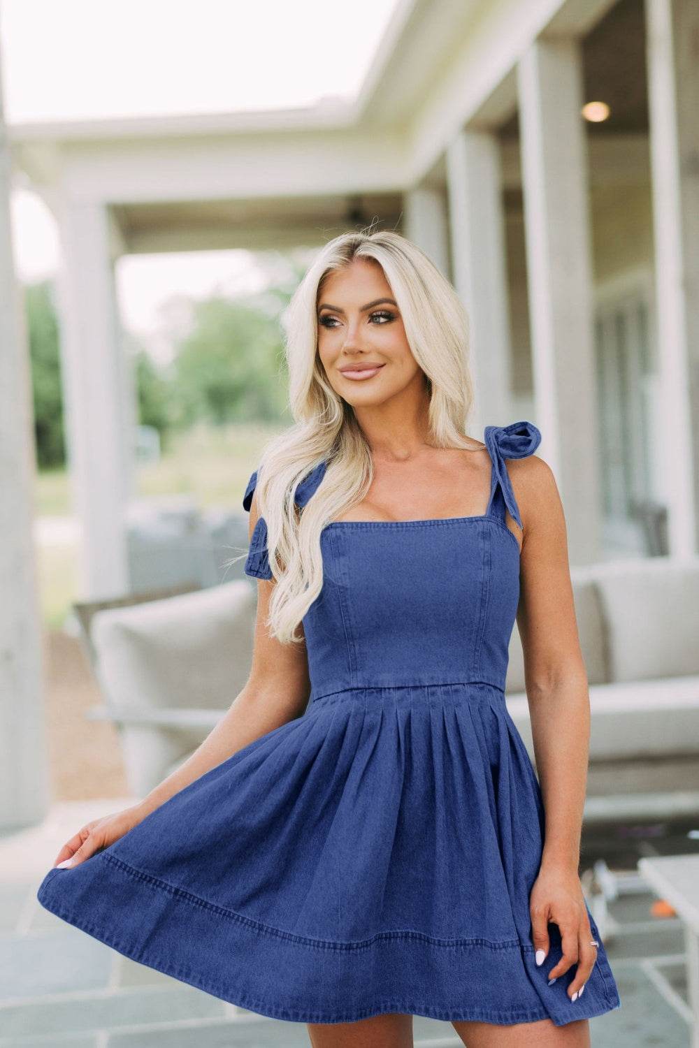 Square Neck Tie Shoulder Denim Dress - Delanoir