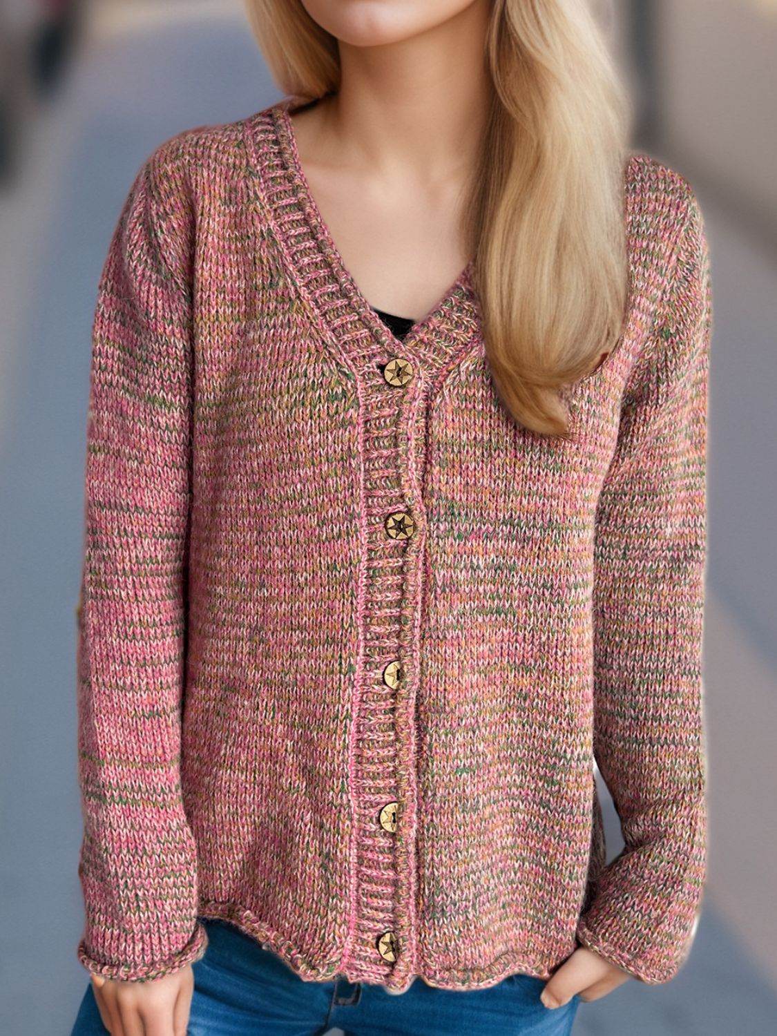 Heathered V-Neck Long Sleeve Cardigan - Delanoir