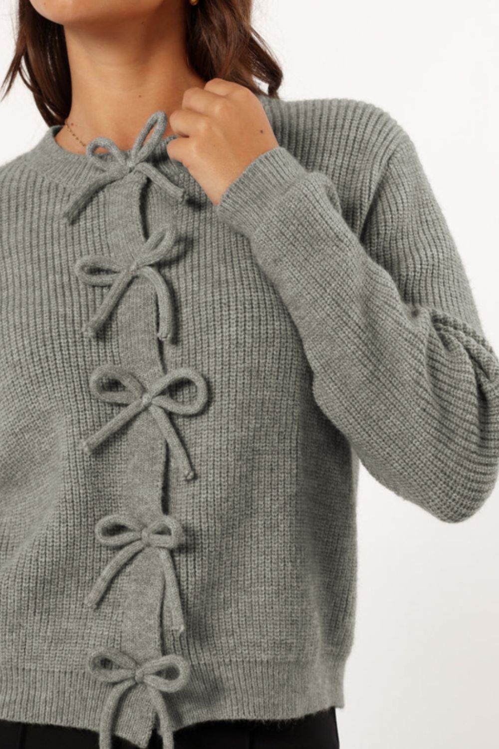 Bow Round Neck Long Sleeve Cardigan - Delanoir