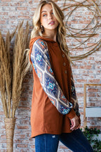 Heimish Full Size Half Button Printed Long Sleeve Hooded Top - Delanoir