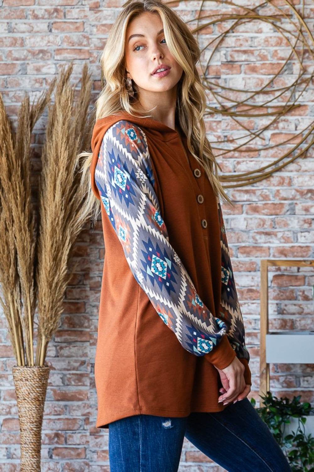 Heimish Full Size Half Button Printed Long Sleeve Hooded Top - Delanoir